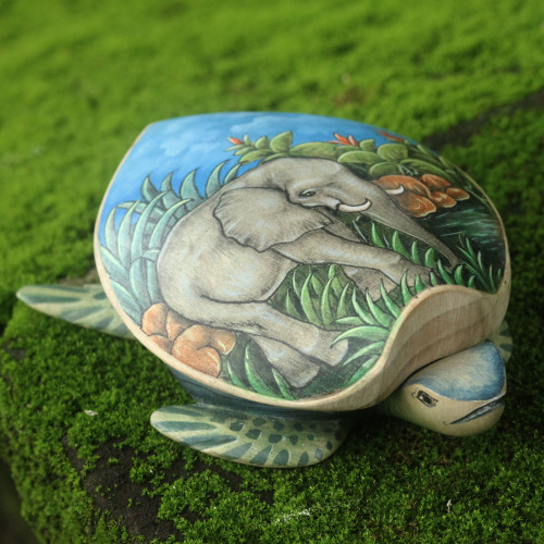 Hand Carved and Painted Turtle Box with Elephant Motif 'Turtle and Elephant'