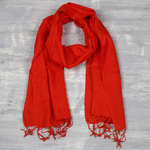 Men's Woven Wool Orange-Red Scarf from India 'Kashmiri Fire'