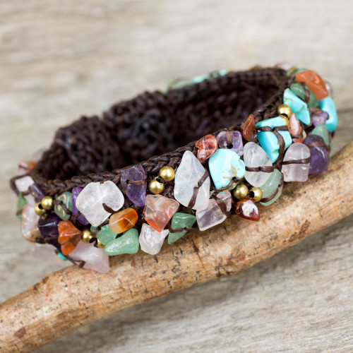 Fair Trade Multi Gemstone Beaded Crocheted Cuff Bracelet 'Colorful Day'