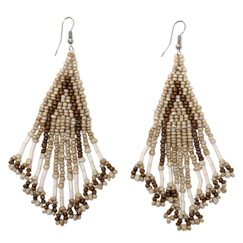 Beige and Brown Glass Beaded Waterfall Dangle Earrings 'Dance Queen'