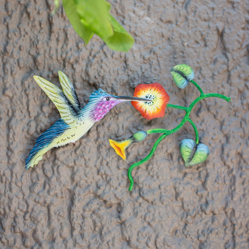 Mexican Hummingbird Steel Wall Art Crafted by Hand 'Exotic Nectar in Yellow'