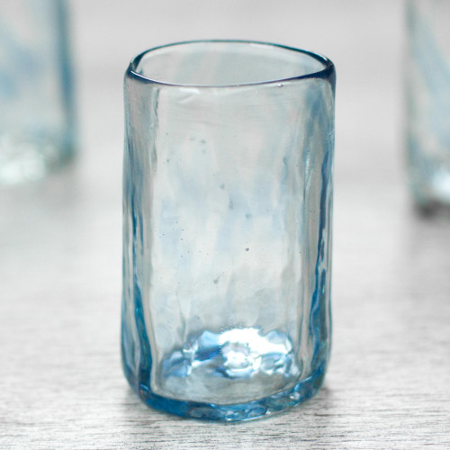 Set of 4 Mexican Clear Blue Blown Glass Mezcal Shot Glasses 'Azure Mist'