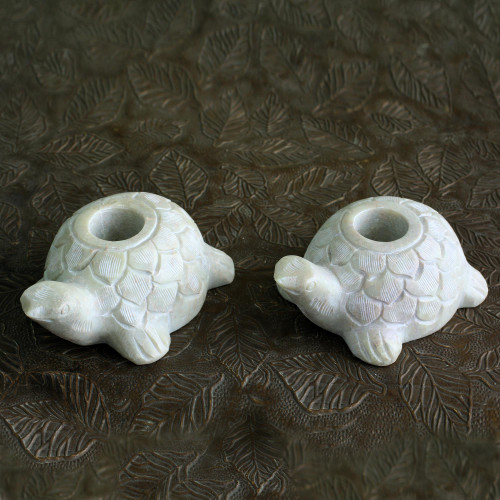 Turtle Candle Holders Hand Carved from Soapstone Pair 'Turtle Delight'