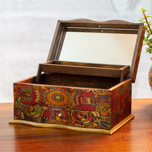 Huichol Theme Decoupage on Pinewood Jewelry Box with 3 Decks 'Huichol Enchantment'