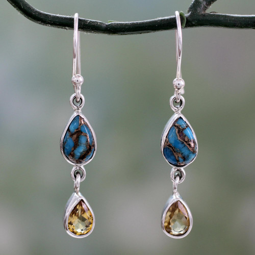 Citrine and Composite Blue Turquoise Dangle Earrings 'Heavenly Light'
