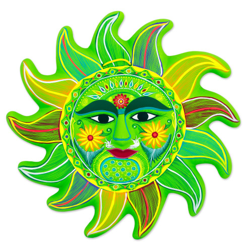 Bright Green Signed Ceramic Sun Wall Sculpture from Mexico 'Fresh April Sun'
