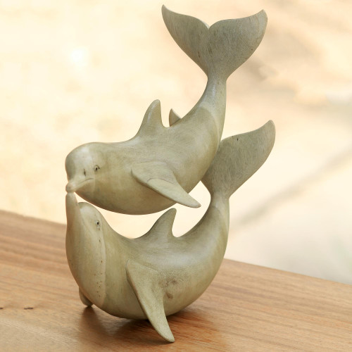 Balinese Hand Carved Dolphin Wood Sculpture 'Dolphins in Love'