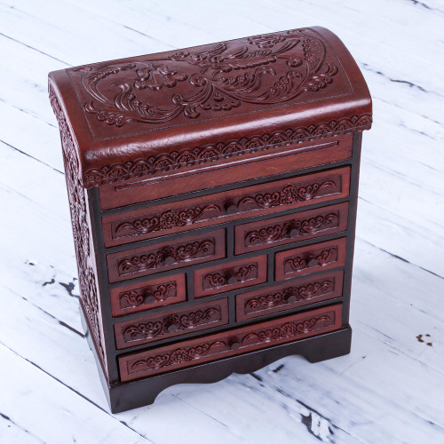 Wood and Leather Jewelry Box with Bronze Handles and Key - Viceroyalty