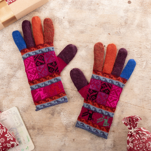 Artisan Crafted 100 Alpaca Multi-Colored Gloves from Peru 'Andean Tradition in Magenta'