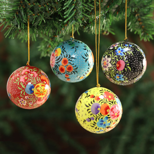 Hand Painted Multicolored Floral Ornaments Set of 4 'Floral Beauty'