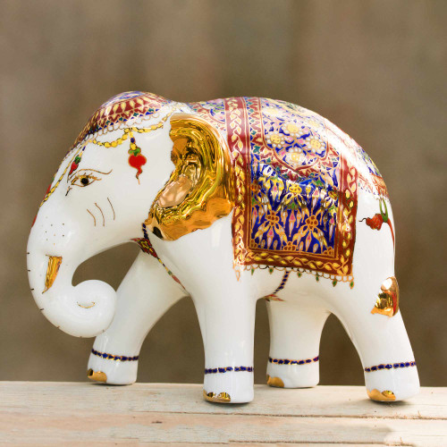Porcelain Thai Elephant Statuette with Gold and Enamel 'Elegant Elephant'