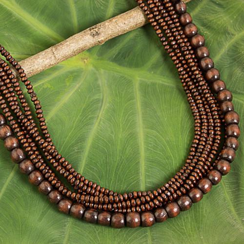 Thai Artisan Crafted Wood Bead Necklace in Dark Brown 'Dark Brown Dance'