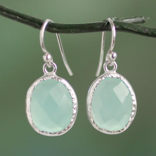 Fair Trade Aqua Chalcedony Dangle Earrings in 925 Silver 'Pale Aqua Dewdrops'