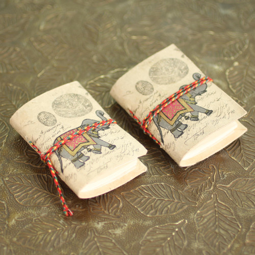 2 Handmade Paper Journals from India with Marching Elephants 'Royal Stride'