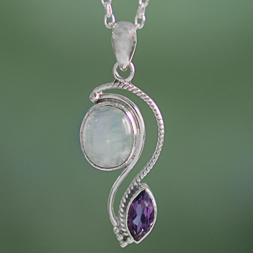 India Handcrafted Amethyst and Rainbow Moonstone Necklace 'Colorful Curves'