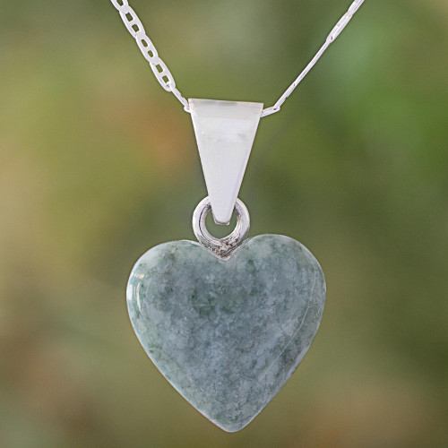 Light Green Jade Silver Heart Pendant Necklace Guatemala 'Mayan Heart in Light Green'