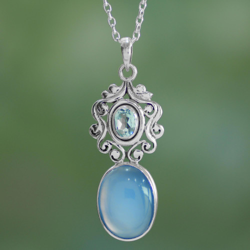 Handcrafted Blue Chalcedony and Topaz Pendant Necklace 'Harmonious Blue'