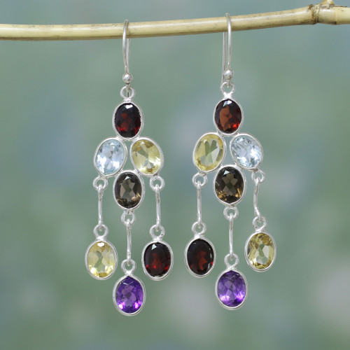 Handcrafted Multigemstone Indian Chandelier Earrings 'Wondrous Colors'