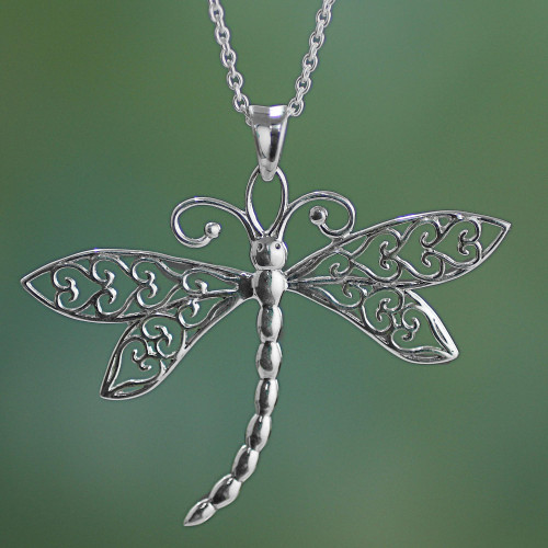 Sterling Silver Dragonfly Pendant Necklace from India 'Dazzling Dragonfly'