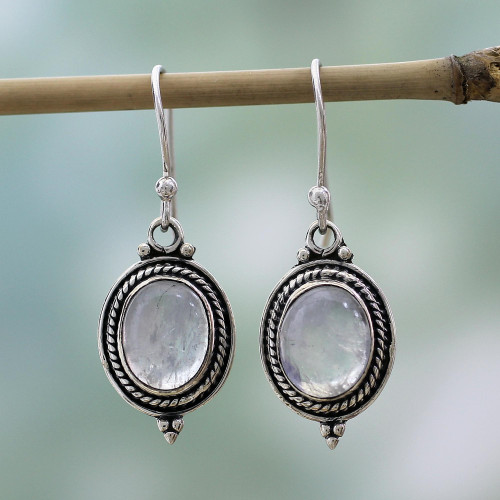 Sterling Silver Rainbow Moonstone Dangle Earrings India 'Moonlit Charm'