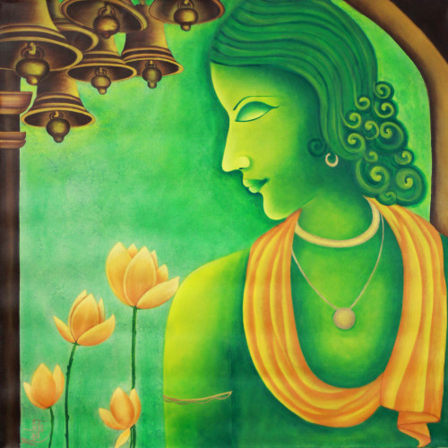 Signed Expressionist Hindu Art Painting in Green 'Krishna Vasudeva'