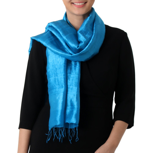 Hand Woven Fringed Silk Scarf in Cyan from Thailand 'Shimmering Cyan'