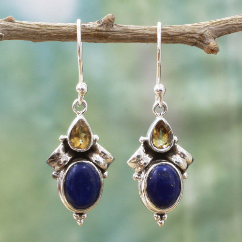 Citrine Lapis Lazuli Dangle Earrings from India 'Indian Fog'