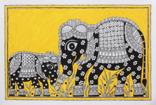 India Madhubani Folk Art Painting of Elephants in Yellow 'Absolute Bonding'
