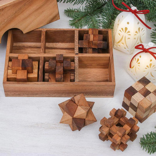 Handcrafted Set of Six Wooden Puzzles from Thailand 'Puzzle Set'