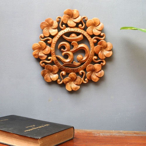 Suar Wood Wall Relief Panel Floral Om from Indonesia 'Blooming Om'