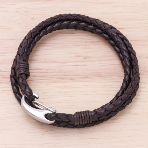 Brown Braided Leather Wrap Bracelet from Thailand 'Braided Friendship in Coffee'