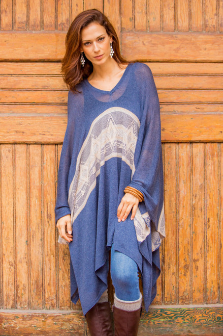 Woven Navy Blue Patterned Poncho from Peru 'Blue Inca'