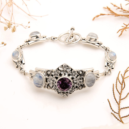 Amethyst and Rainbow Moonstone Floral Bracelet from Bali 'Jepun Goddess'