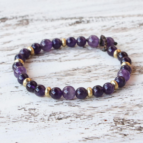 Amethyst and Brass Beaded Bracelet from Thailand 'Beautiful Thai in Purple'