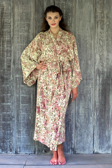 Rayon Robe Olive Floral Batik Print from Indonesia 'Grand Floral'