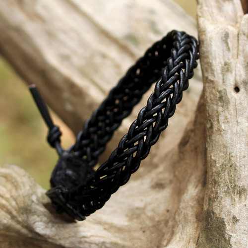 Black Leather Braided Bracelet with Silver from Thailand 'Fun Times in Black'