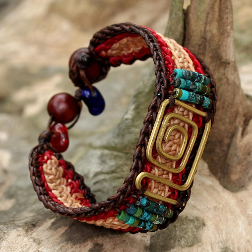 Beige and Red Brass and Reconstituted Turquoise Bracelet 'Siam Maze'