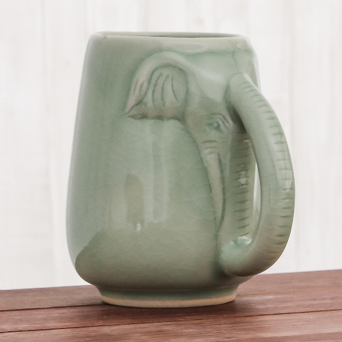 Ceramic Celadon Elephant Mug in Green from Thailand 'Morning Elephant in Green'