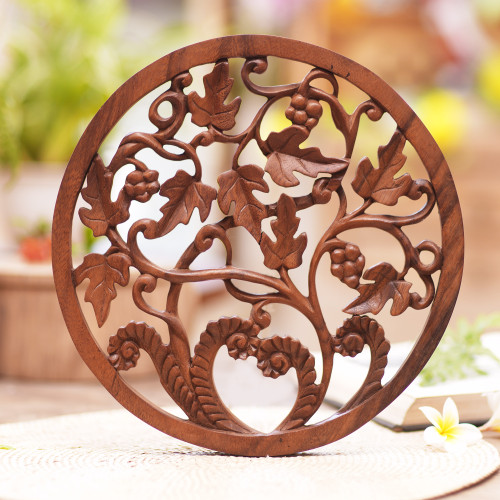 Vineyard Detailed Hand Carved Wood Round Relief Wall Panel 'Vineyard Medallion'