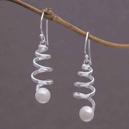 Indonesian Cultured Pearl Sterling Silver Spiral Earrings 'Moonlight Springs'