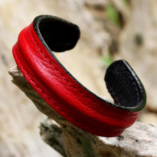 Hand Crafted Unisex Red Leather Cuff Bracelet from Thailand 'Simply Red'