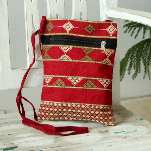 Deep Red Olive and Yellow Hand Woven Passport Bag from India 'Kaleidoscope Traveler'
