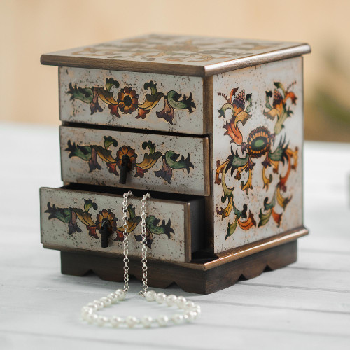 Reverse Painted Glass Decorative Box in Off White from Peru 'Colonial Sunflower'