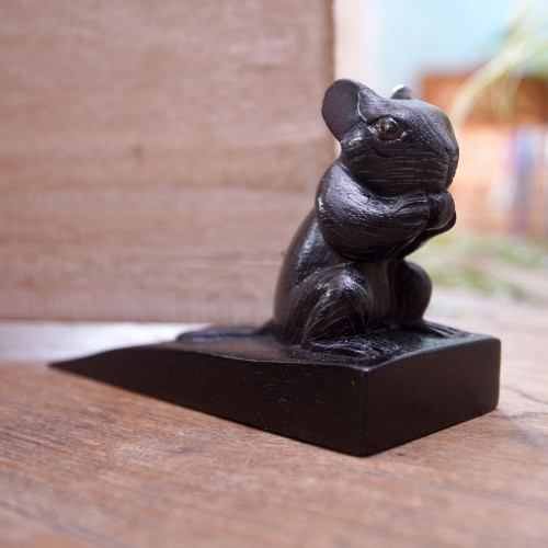 Hand Carved Suar Wood Mouse Door Stopper in Black from Bali 'Charming Mouse in Black'