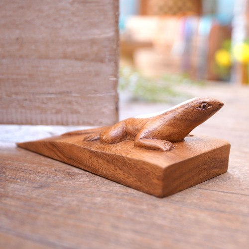 Hand Carved Suar Wood Lizard Door Stopper in Brown from Bali 'Handy Gecko in Brown'