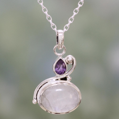 Rainbow Moonstone and Amethyst Pendant Necklace from India 'Lilac Romance'