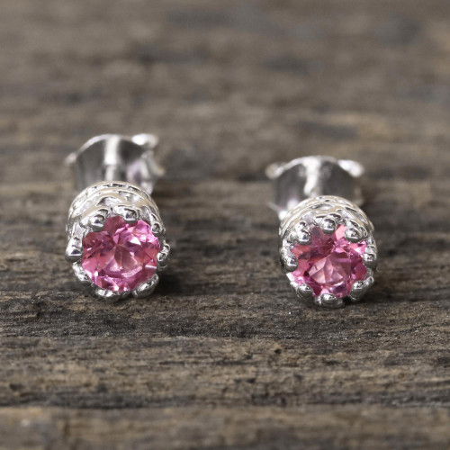 Rhodium Plated Pink Tourmaline Stud Earrings from Thailand 'Brilliant Splendor'
