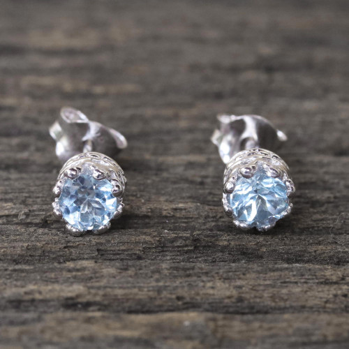 Rhodium Plated Blue Topaz Stud Earrings from Thailand 'Brilliant Splendor'