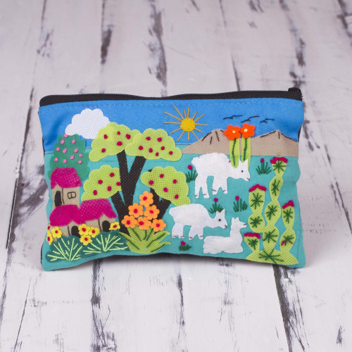 Patchwork Fair Trade Cosmetic Case with Peruvian Landscape 'Blue Alpaca Afternoon'