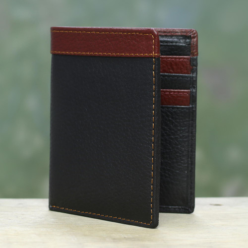 Handsome Leather Wallet for Men in Black and Mahogany 'Natural Harmony in Black'